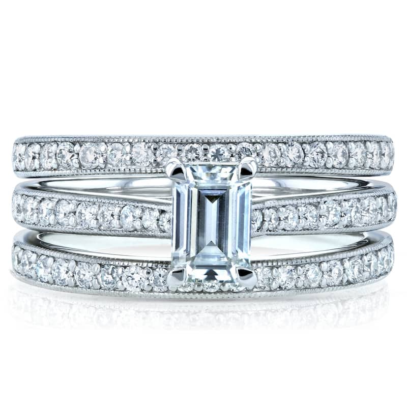 Annello by Kobelli 14k Gold 1 1/6ct TGW Emerald Moissanite and Diamond European Shank Trellis Bridal Set, 3 Piece (DEF/VS, GH/I)