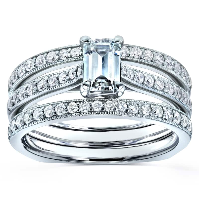 Annello by Kobelli 14k Gold 1 1/6ct TGW Emerald Moissanite and Diamond European Shank Trellis Bridal Set, 3 Piece (DEF/VS, GH/I)