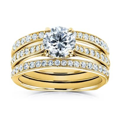 Kobelli 1.58 Carats Natural Diamond 14k Solid Gold Square European Shank Vintage Trellis 3pc Bridal Set