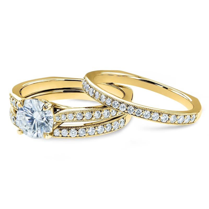 Kobelli 1.58 Carats Natural Diamond 14k Solid Gold Square European Shank Vintage Trellis 3pc Bridal Set