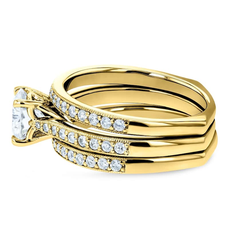 Kobelli 1.58 Carats Natural Diamond 14k Solid Gold Square European Shank Vintage Trellis 3pc Bridal Set