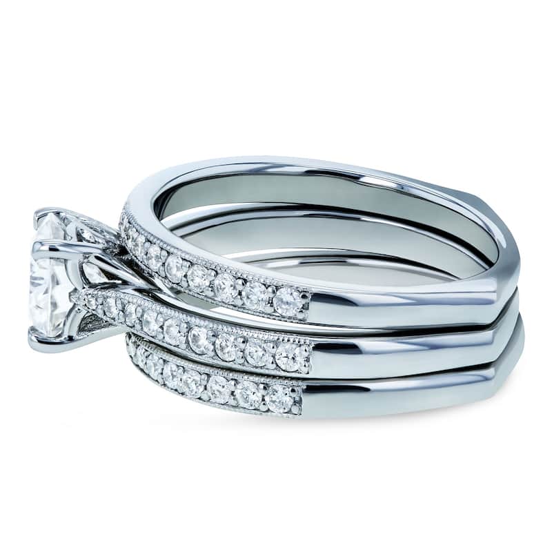 Kobelli 1.58 Carats Natural Diamond 14k Solid Gold Square European Shank Vintage Trellis 3pc Bridal Set