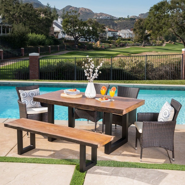 Lenny Outdoor Rectangle Light-Weight Concrete Dining Set with Cushions by Christopher Knight Home