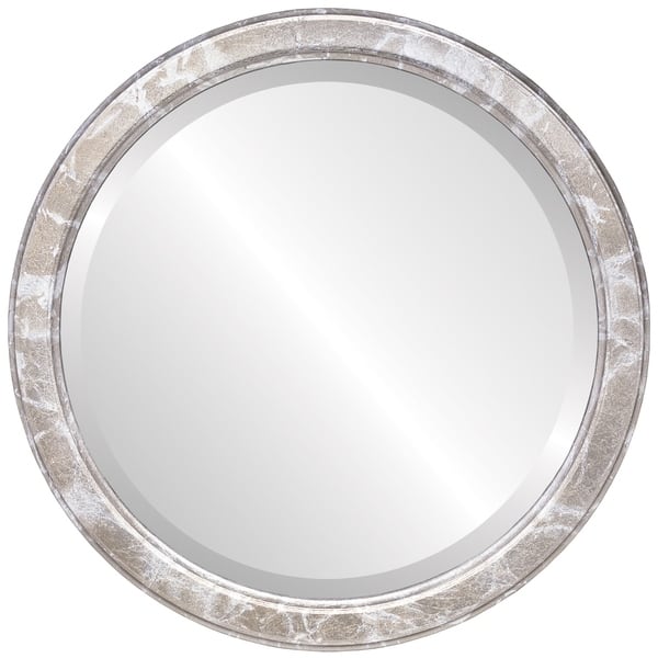 Toronto Framed Round Mirror in Champagne Silver Antique Silver Bed