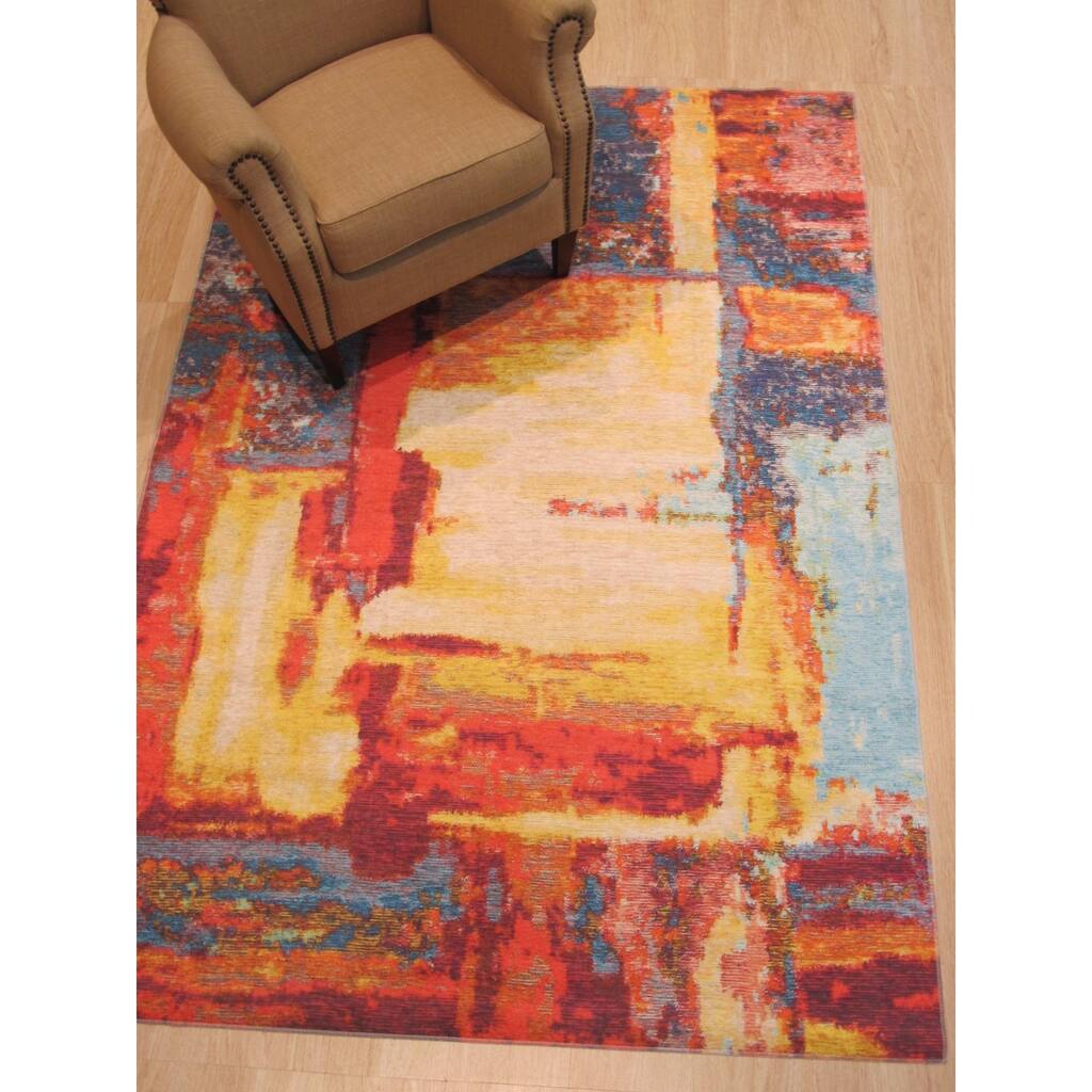 Red Machine-Made Polyester Distressed Bohemian Moderno Art Rug by , Trendy and Durable Area Rug for Adding Bold