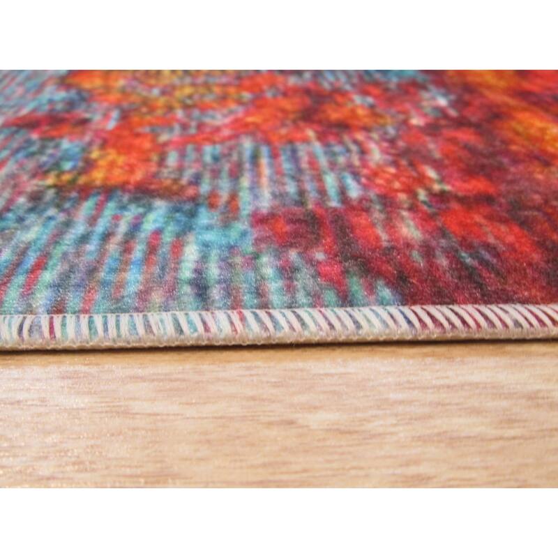 Red Machine-Made Polyester Distressed Bohemian Moderno Art Rug by , Trendy and Durable Area Rug for Adding Bold
