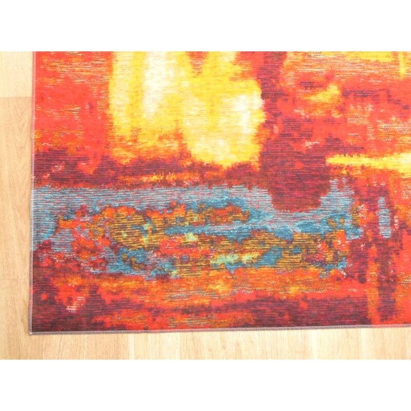Red Machine-Made Polyester Distressed Bohemian Moderno Art Rug by , Trendy and Durable Area Rug for Adding Bold