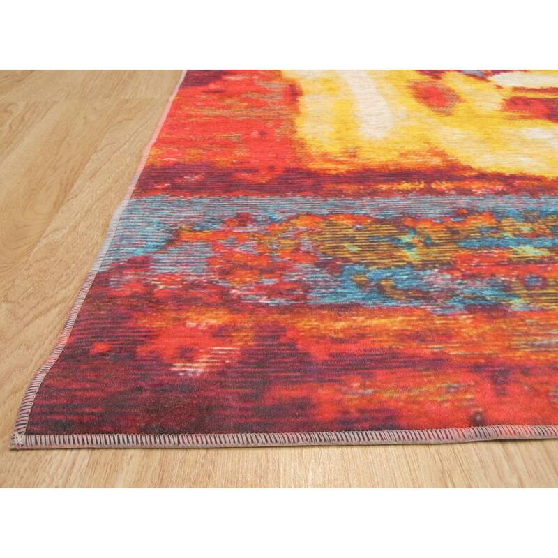 Red Machine-Made Polyester Distressed Bohemian Moderno Art Rug by , Trendy and Durable Area Rug for Adding Bold