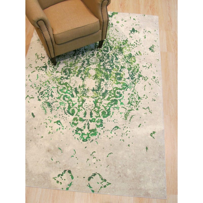 Green Distressed Bohemian Moderno Medallion Rug by , Stylish and Trendy Area Rug for Adding a Bohemian Flair to You