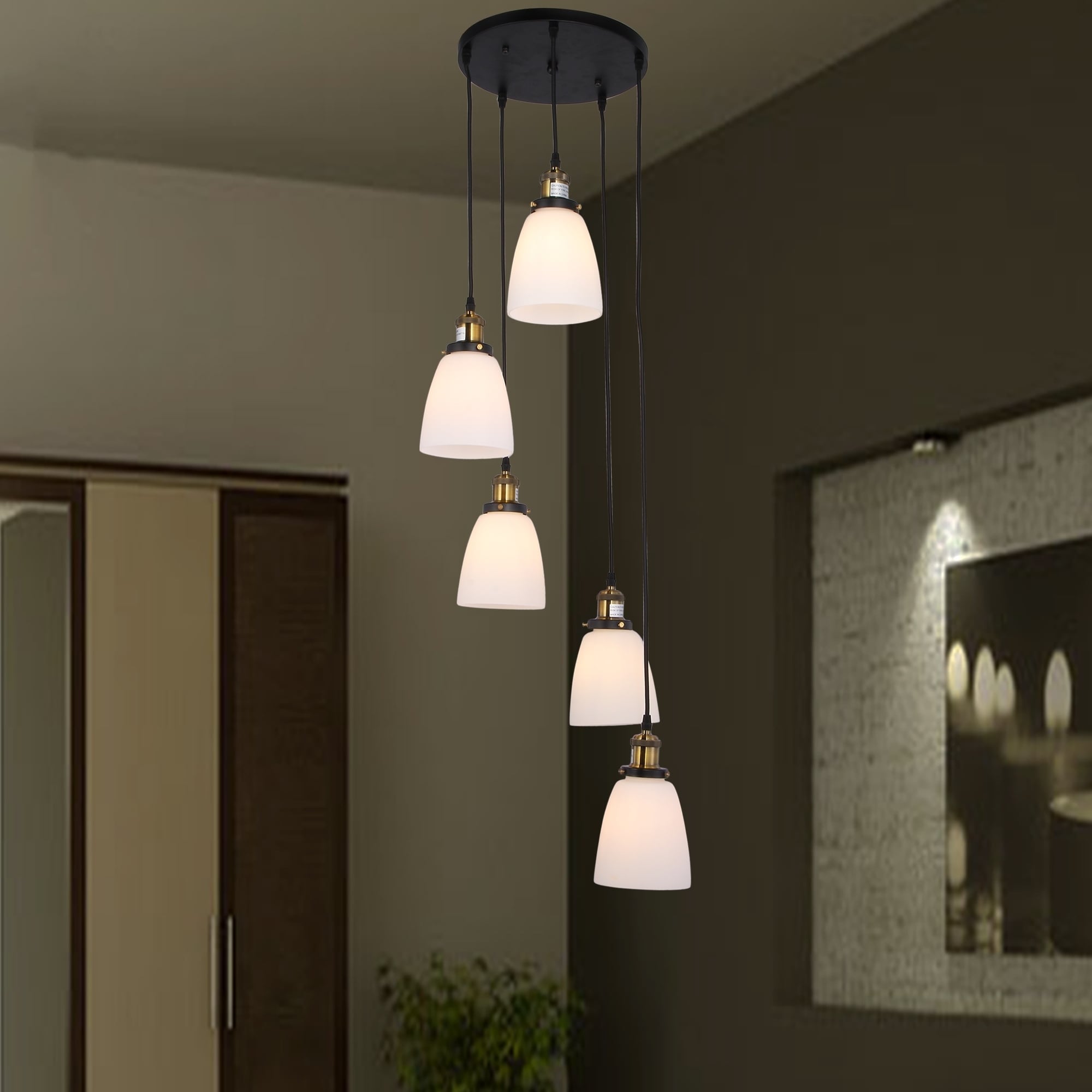 Krisha 5-light Chandelier with Transluscsent White Glass Shades includes Edison Bulbs (5-light Chandelier Transluscent White Glass Shades) - Chandeliers For Bedrooms by Overstock.com