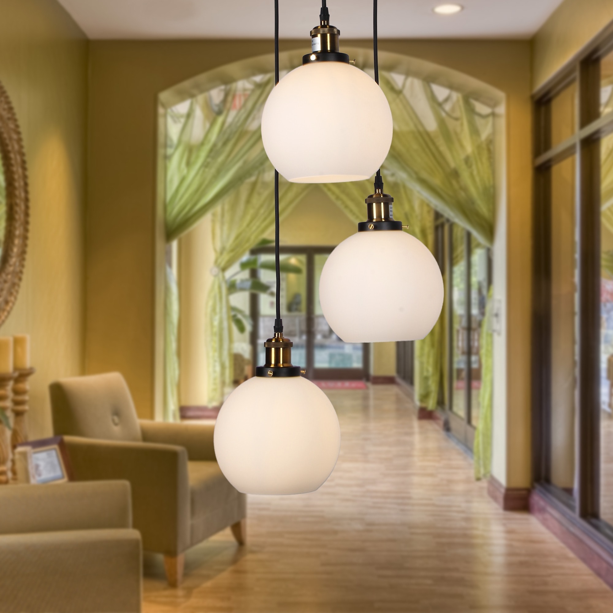 Vizzel Black 3-light Pendant Chandelier with Frosted Glass Globe Shades (includes Edison Bulbs) (Black 3-light Pendant Chandelier Frosted Globes) - Chandeliers For Bedrooms by Overstock.com