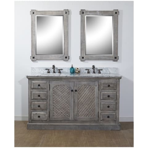 61"Rustic Solid Fir Double Sink Vanity in Grey Finish with Carrara White Marble Top-No Faucet