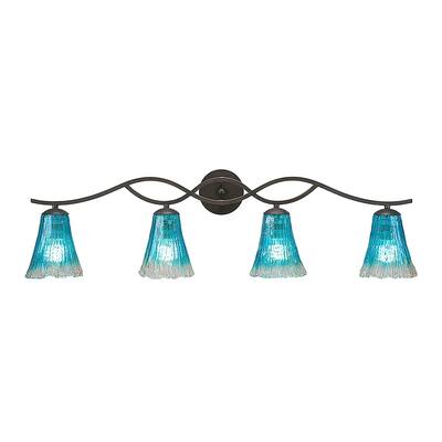 4-Light Bath Vanity Dark Granite Finish With 5.5" Fluted Teal Crystal Glass