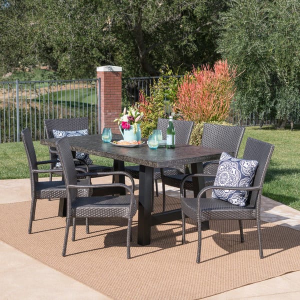 slide 1 of 10, Pelican Outdoor 7-piece Rectangle Light-Weight Concrete Wicker Dining Set by Christopher Knight Home