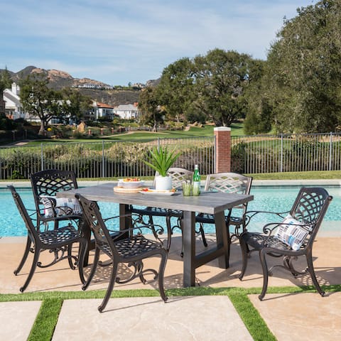 Dory Outdoor Rectangle Light-Weight Concrete Aluminum Dining Set by Christopher Knight Home