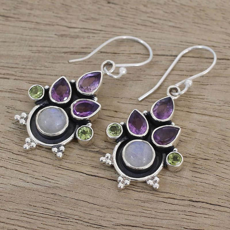 NOVICA Handmade Sterling Silver 'Colorful Bunch' Multi-gemstone Earrings (India) - 1.6*0.7