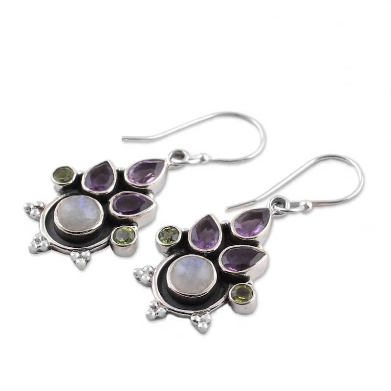 NOVICA Handmade Sterling Silver 'Colorful Bunch' Multi-gemstone Earrings (India) - 1.6*0.7
