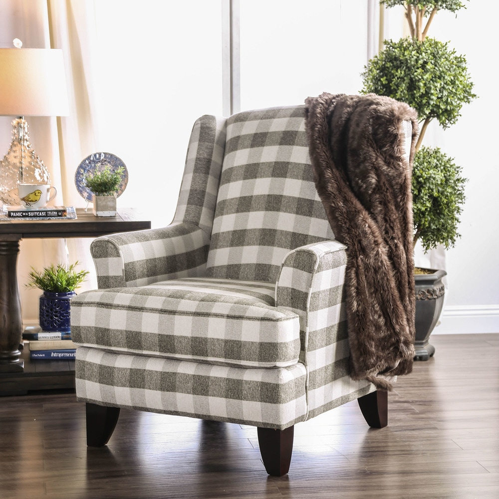Furniture of America Zito Transitional Grey Fabric Padded Plaid Print Accent Chair