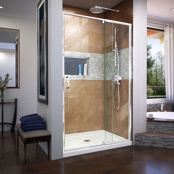 DreamLine Flex 36 in. D x 48 in. W x 74 3/4 in. H Semi-Frameless Pivot Shower Door and SlimLine Shower Base Kit