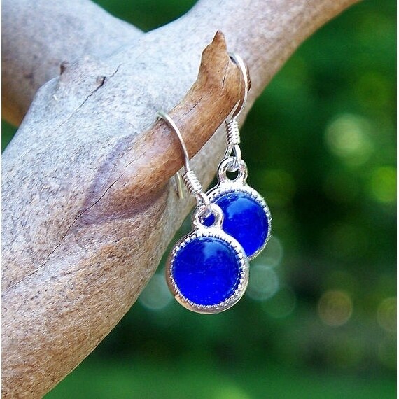Handmade Recycled Vintage Cobalt Royal Blue Noxzema Jar Color Dot Earrings (United States)