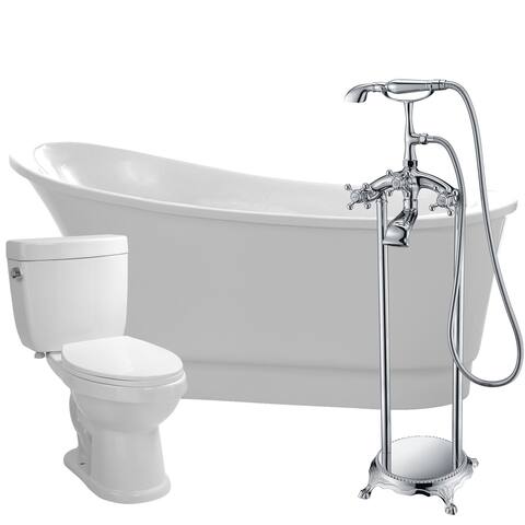 Prima 67 in. Acrylic Soaking Bathtub in White with Tugela Faucet and Talos 1.6 GPF Toilet