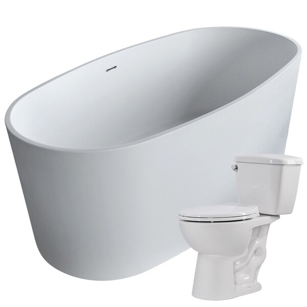 Roccia 61.4 in. Man-Made Stone Bathtub in White with Author Toilet