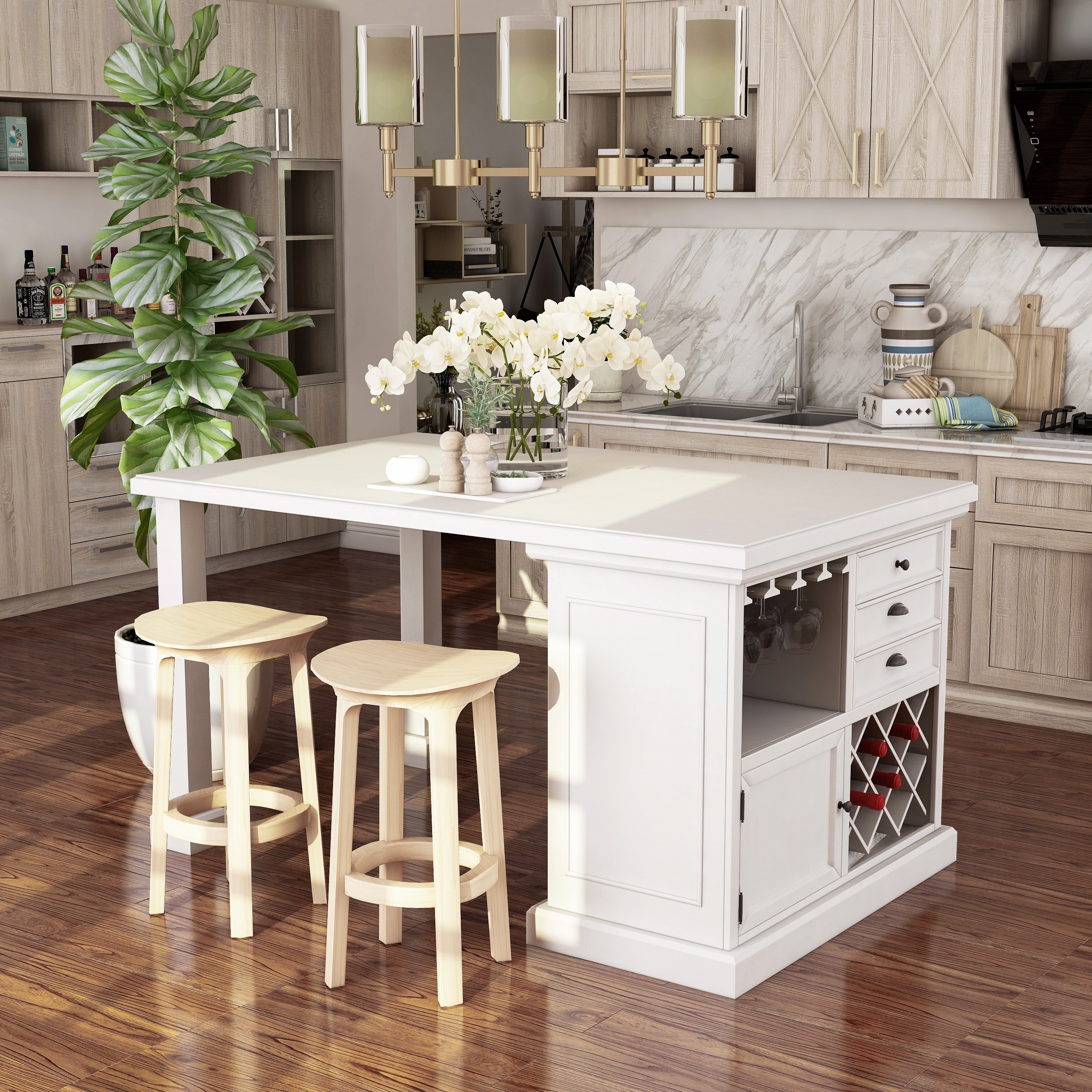 white kitchen island with black granite top