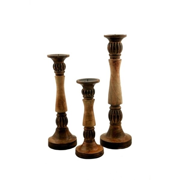 Benzara Mango Wood Vintage Style Candleholder/Candlestick, Set of 3, Brown