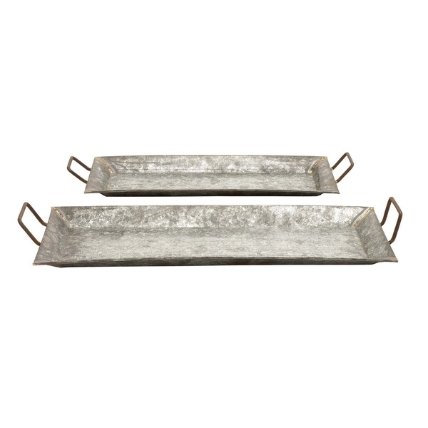 Rectangular Shaped Metal Galvanized Trays, Set of 2, Silver