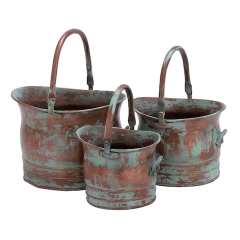 Green Tinged Metal Bucket Planter With Handles, Set of 3