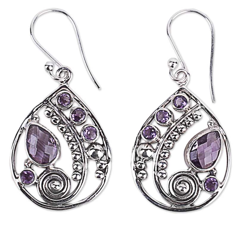 Handmade Sterling Silver Lilac Radiance Amethyst Earrings (India) - 1.7*0.8 - 1.7*0.8 - Purple - Silver - Amethyst - White