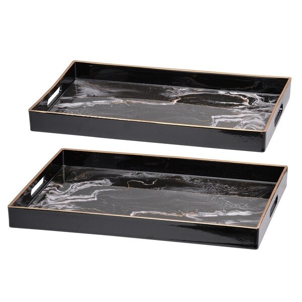 Set of 2 Effra Rectangular Trays, Black Marbled - L:19x14inches, S:18x12 inches