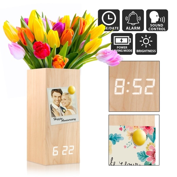 New Wood Alarm Clock Modern Digital Wooden LED Desk Clock with Flower Plant Vase