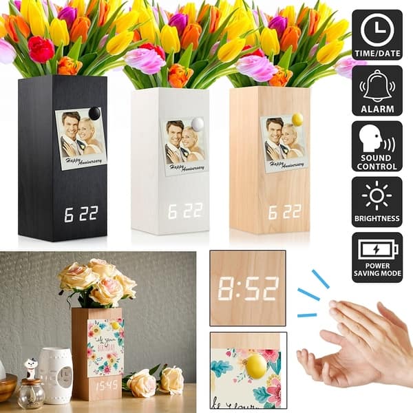 Gearonic Wooden Alarm Clock Vase Wood Digital Clock Decor Vase