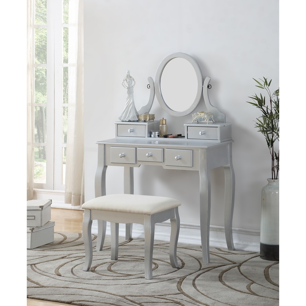 Roundhill Furniture Copper Grove Watt Wood Makeup Vanity Table and Stool Set