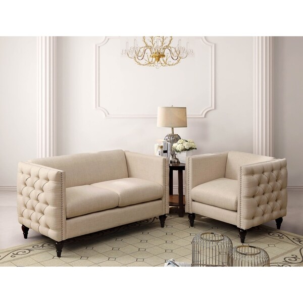 Gracewood Hollow Bambrick Tufted Linen Tuxedo Chair and Loveseat Set