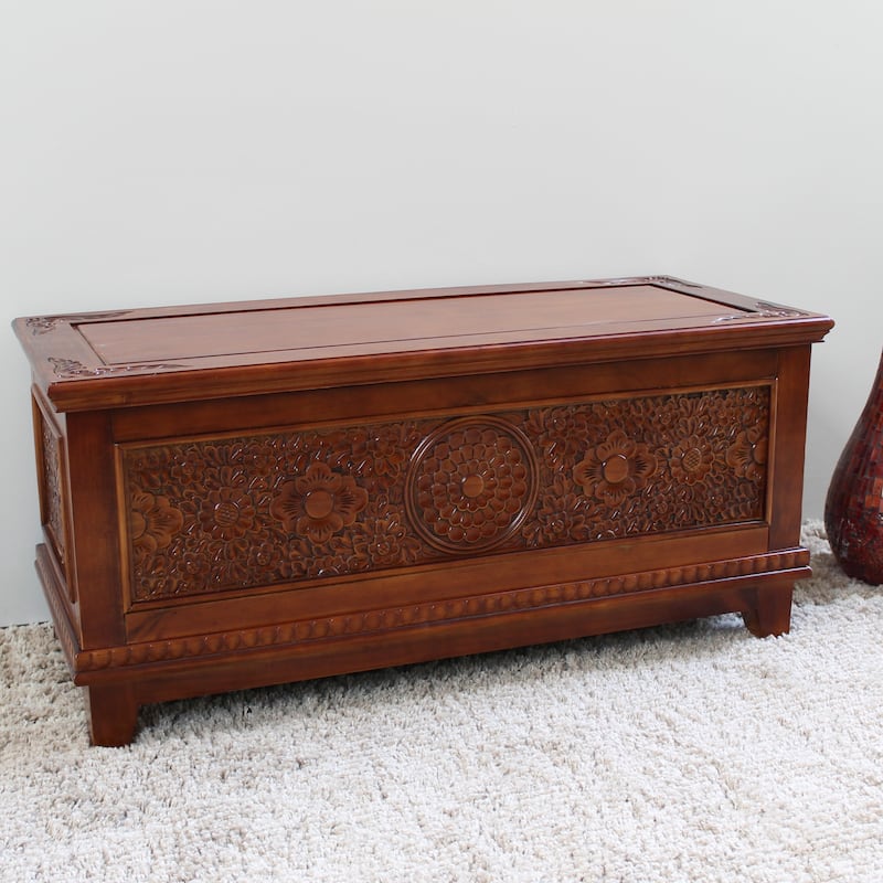 Windsor Carved Wood Trunk Bench - Walnut