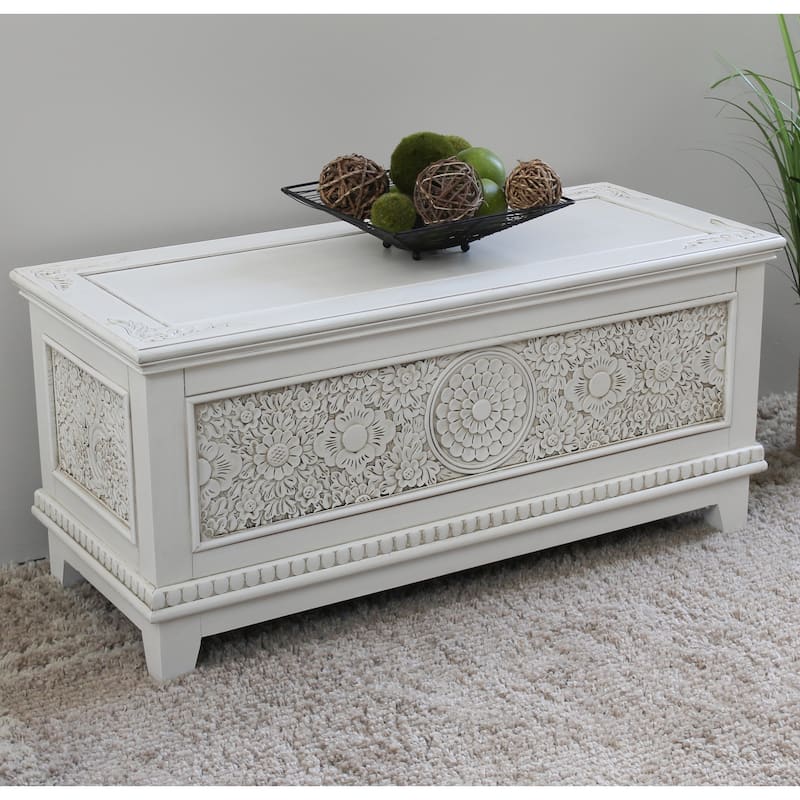 Windsor Carved Wood Trunk Bench - Antique White