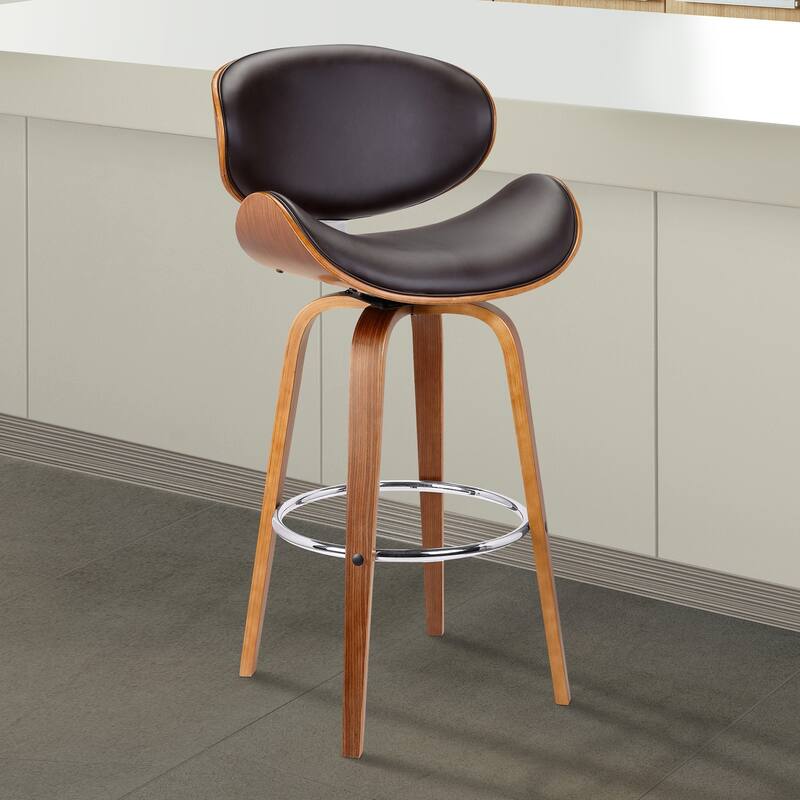Solvang Walnut and Brown Faux Leather Upholstered Counter Height Swivel Bar Stool
