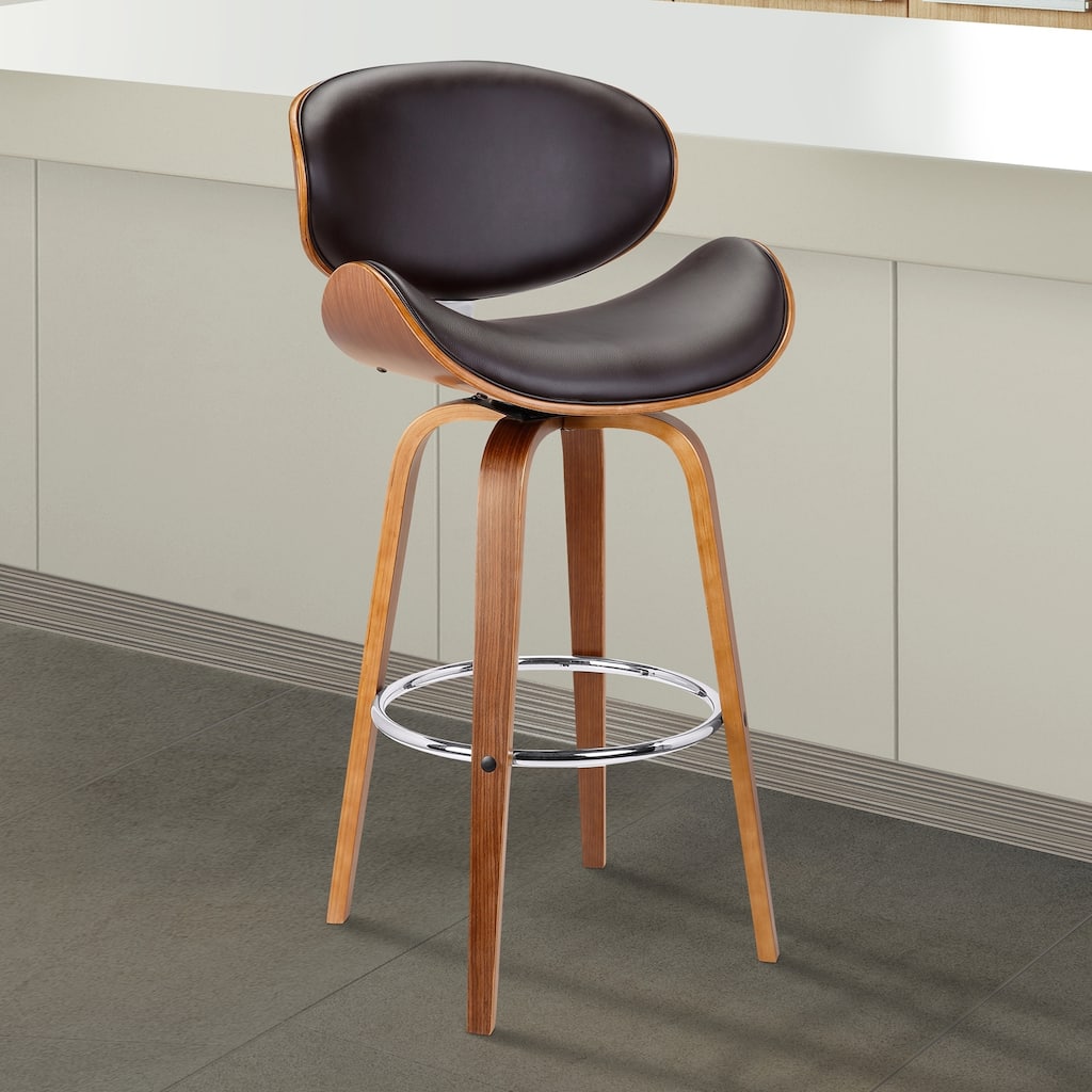 Solvang Walnut and Brown Faux Leather Upholstered Counter Height Swivel Bar Stool