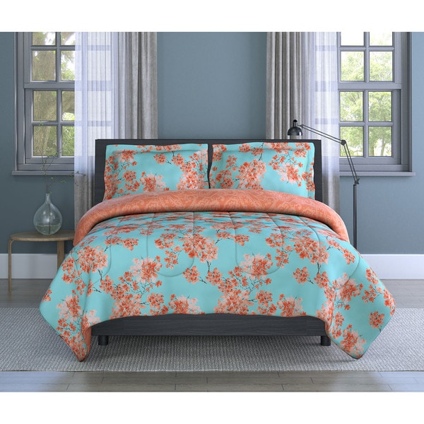 Watercolor Garden Floral, Orange, Soft Microfiber, 2-piece Comforter Set Inspired Surroundings by 1888 Mills