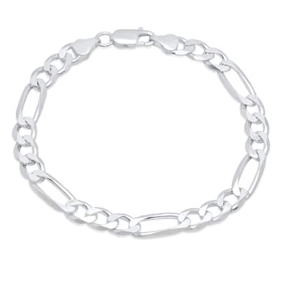 Italian Sterling Silver 7 mm Beveled Figaro Bracelet (7-9 Inch)