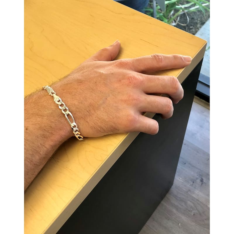 Italian Sterling Silver 7 mm Beveled Figaro Bracelet (7-9 Inch)