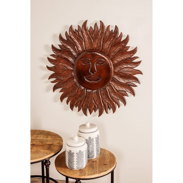 Eclectic 31 Inch Dark Brown Wooden Sun Face Wall Panel Eclectic 31 Inch Dark Brown Wooden Sun Face Wall Panel