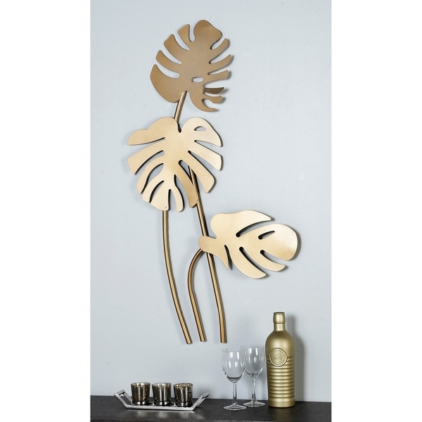 Large Metallic Gold Metal Palm Leaf Sculptures Wall Decor