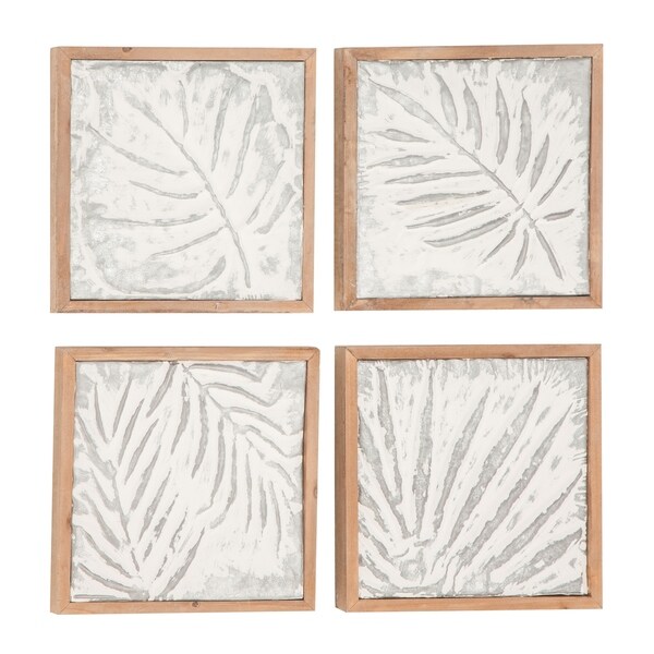 Set of 4 Natural 11 Inch Wood and Iron Framed Leaf Wall Decor