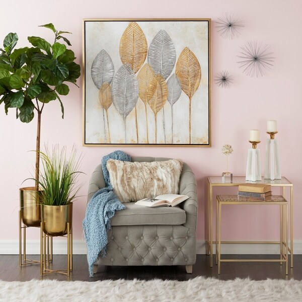 Large, Round, Indoor/Outdoor Metallic Gold Metal Planters in Gold Stands Set of 2 - 11" x 22" & 10" x 19"