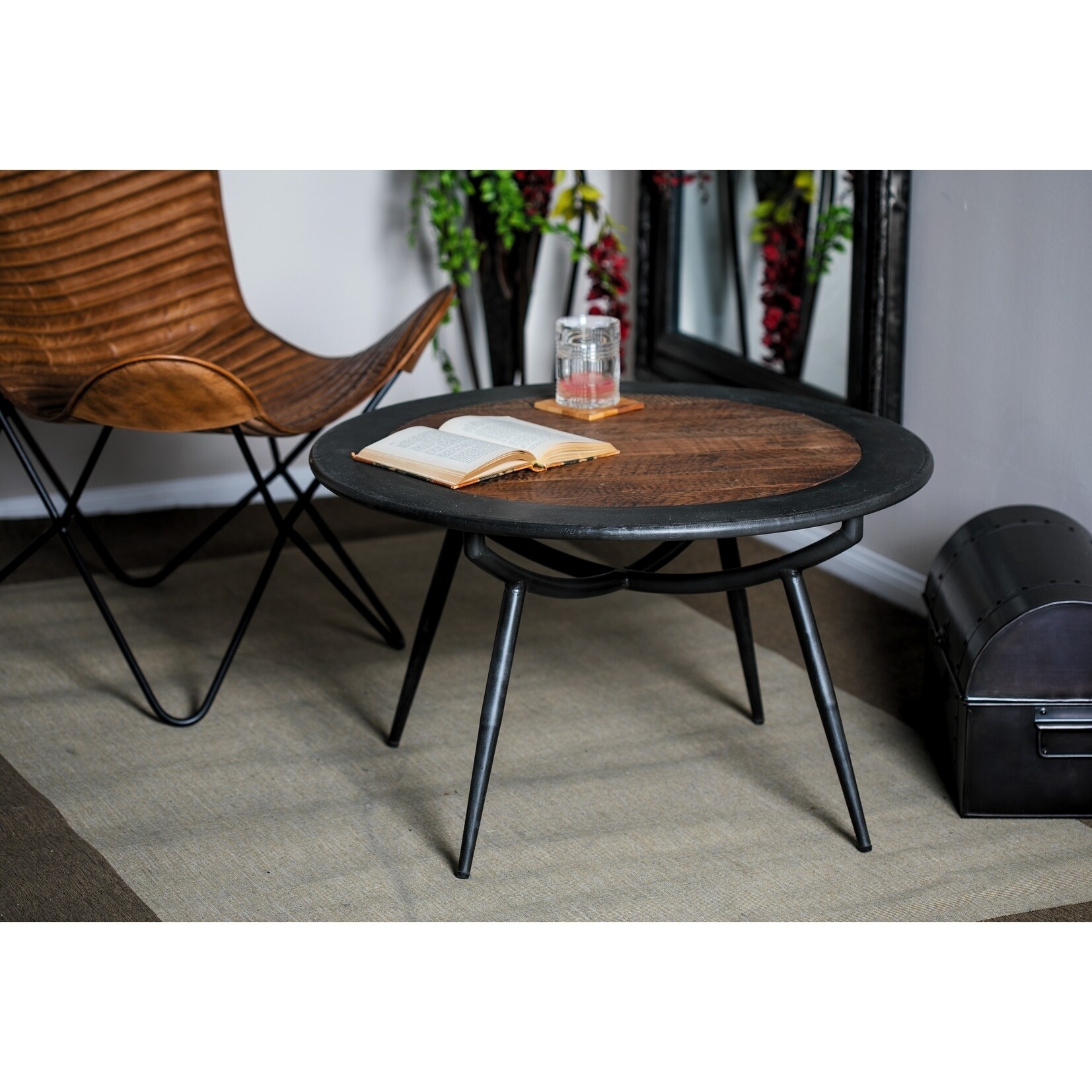Rustic 17 X 30 Inch Wood And Iron Round Coffee Table