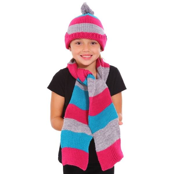 Shop Girls Winter Knitted Woolen Striped Pattern Hat Scarf