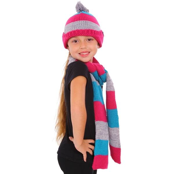 Shop Girls Winter Knitted Woolen Striped Pattern Hat Scarf